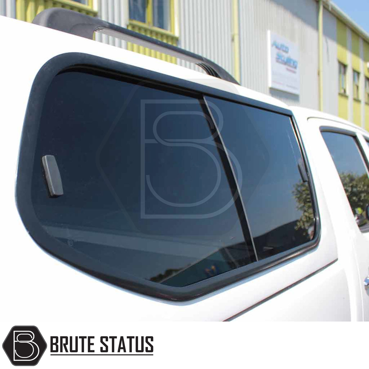 Toyota Hilux 2005-2016 Truckman GLS hardtop canopy with tinted sliding window, showcasing secure, ventilated design and Brute Status logo.