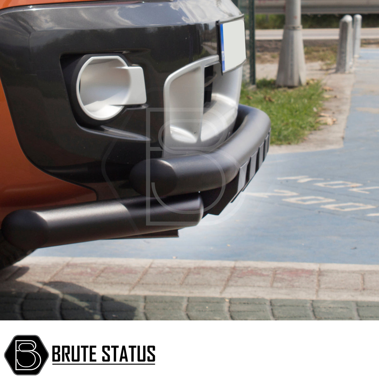 Front heavy duty matte black powder coated lower nudge bar fitted to Toyota Hilux pickup truck offroad 4x4 vehicle. Suitable for overlanding set ups, all mounting brackets included.