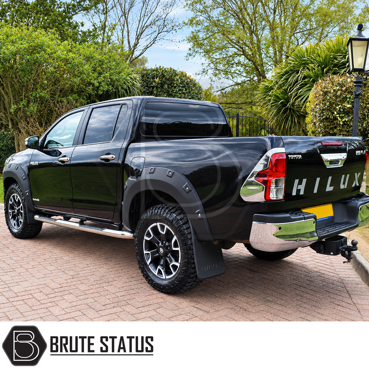Toyota Hilux 2018-2020 pickup truck wide wheel arches with riveted look black ABS fender flares and no drill 3M adhesive installation