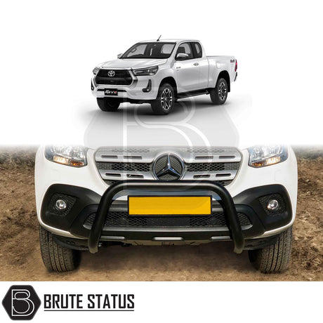 black bull/nudge bar for the toyota hilux 2021+ pickup truck, showcasing its rugged design and protective build