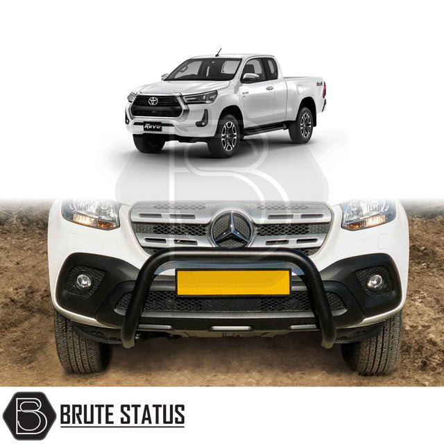 black bull/nudge bar for the toyota hilux 2021+ pickup truck, showcasing its rugged design and protective build