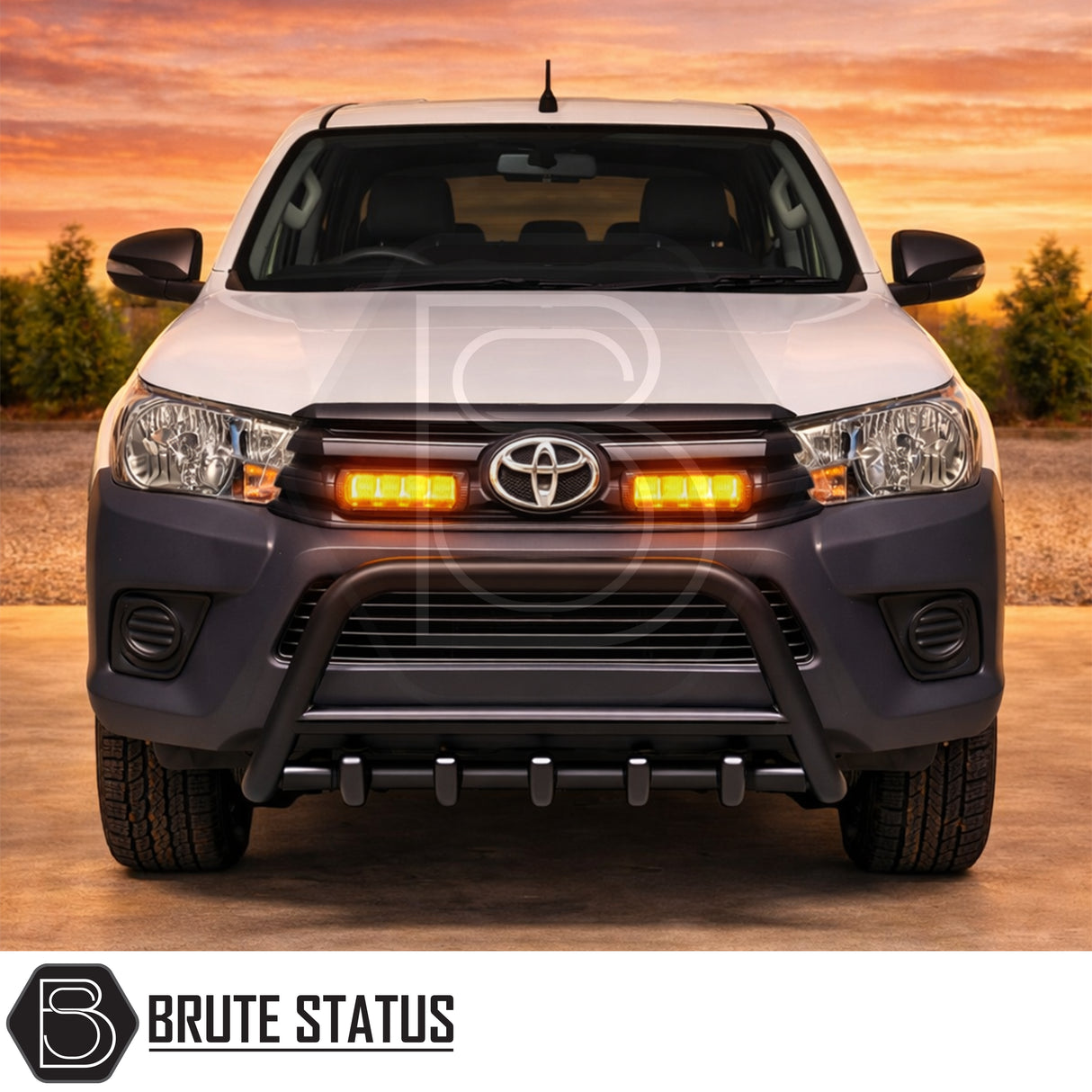 Matte black carbon steel city bar for Toyota Hilux 2015–2020, front bumper protection bar with U-bracket chassis mount, TÜV certified, no-drill installation.