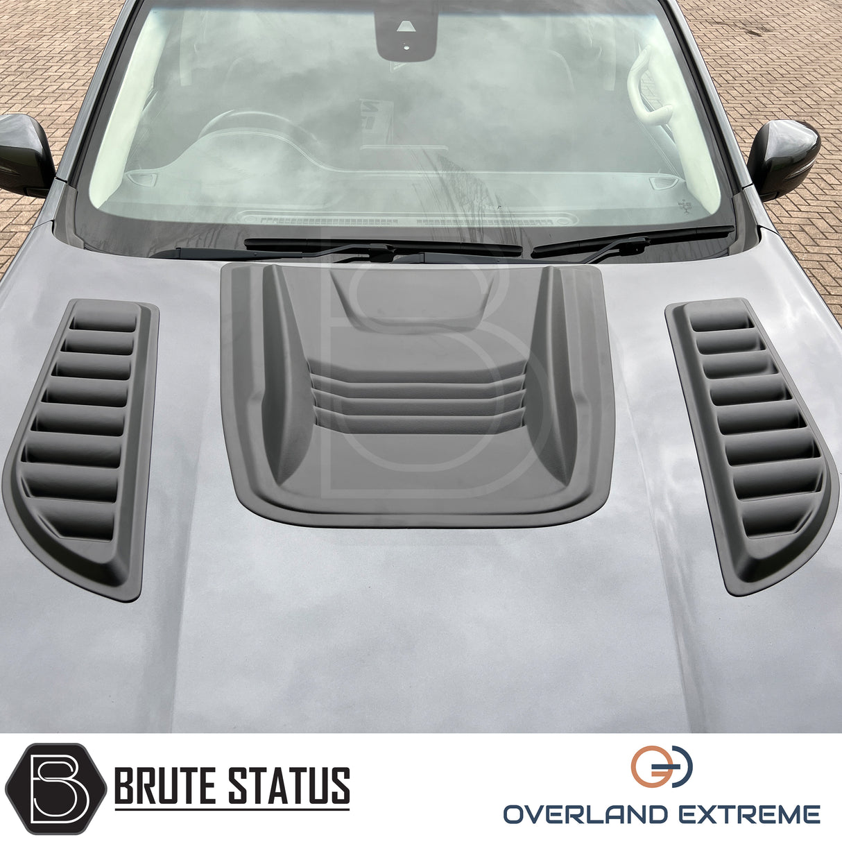 Universal matte black bonnet scoop for 4x4 pickup trucks, premium Overland Extreme styling upgrade with UV-resistant ABS construction.