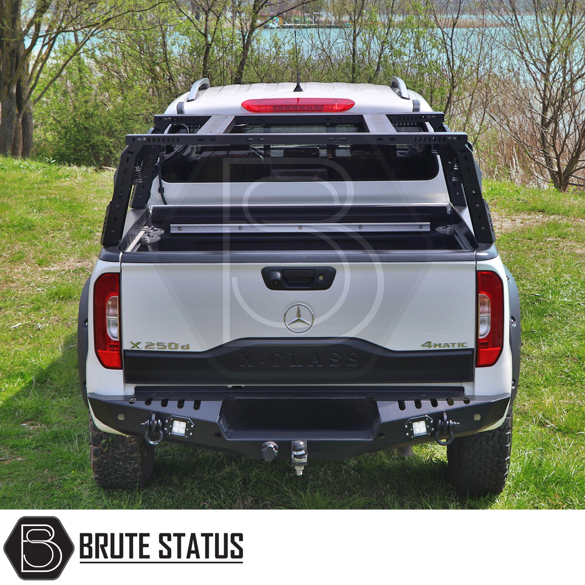 S75 matte black pickup truck roll bar with integrated LED lighting and adjustable height for overlanding roof tents and outdoor accessories