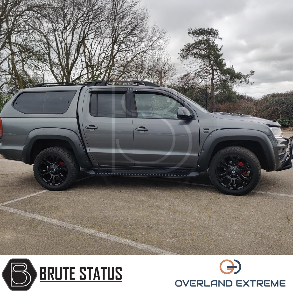 Volkswagen Amarok Overland Extreme wide arch kit in matte black, aftermarket body styling upgrade with weather-resistant rubber seal fitment.
