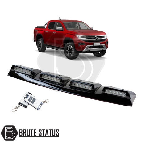 gloss black plastic roof spoiler with a set of 4 rows of bright white LEDs which also feature a wireless remote function, for the volkswagen amarok 2023+ pickup truck
