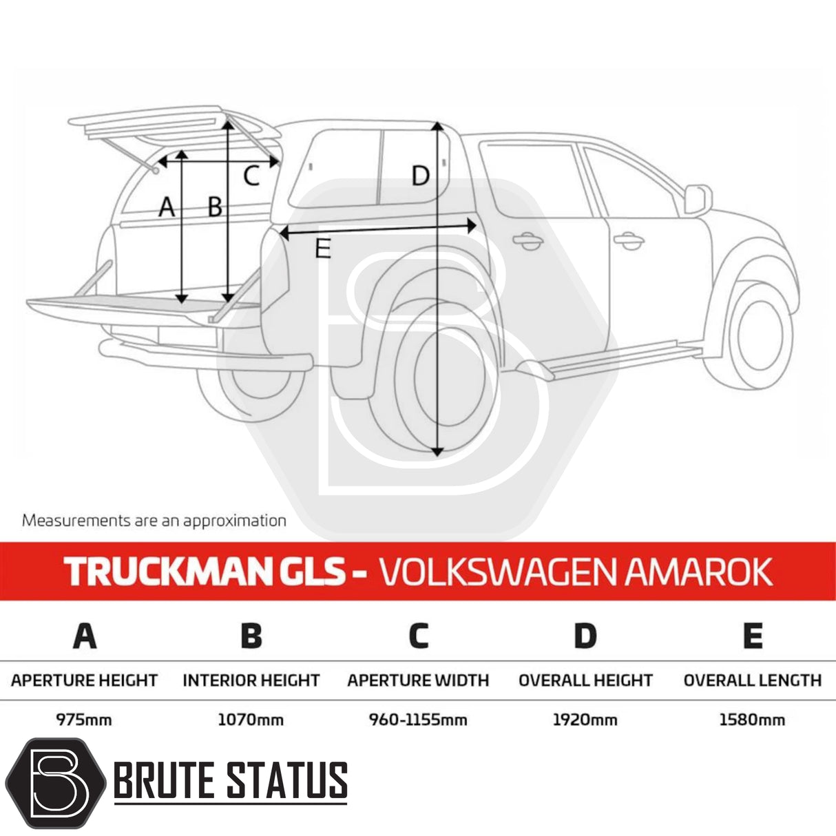 Volkswagen Amarok 2010-2022 Truckman GLS Hardtop Canopy side-view showing dimensions, including 1920mm height and 1580mm length; features remote locking and sliding windows.