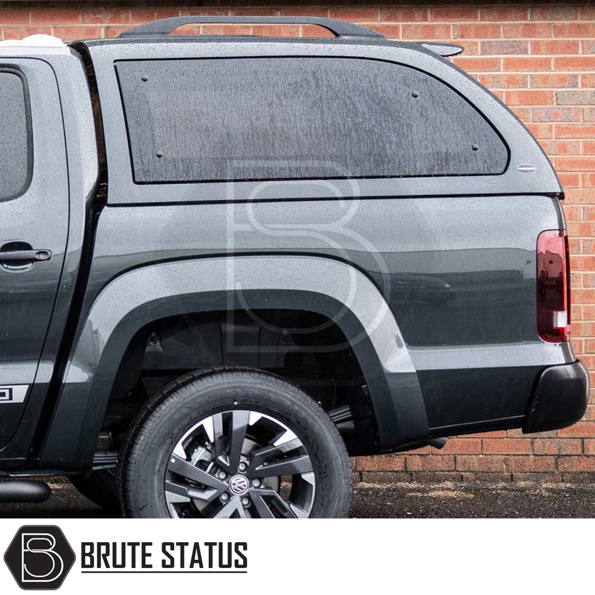 Volkswagen Amarok 2010-2022 Truckman Grand Hardtop Canopy with tinted windows, remote locking, and Brute Status branding, enhancing storage and security for your pickup.