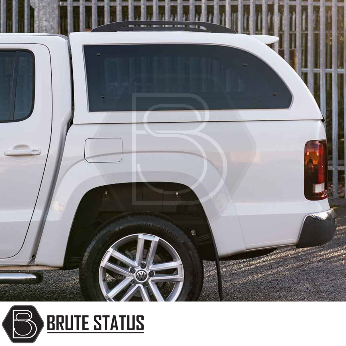 Volkswagen Amarok 2010-2022 Truckman Grand Hardtop Canopy with remote locking, featuring tinted windows, lockable canopy, and Brute Status branding.
