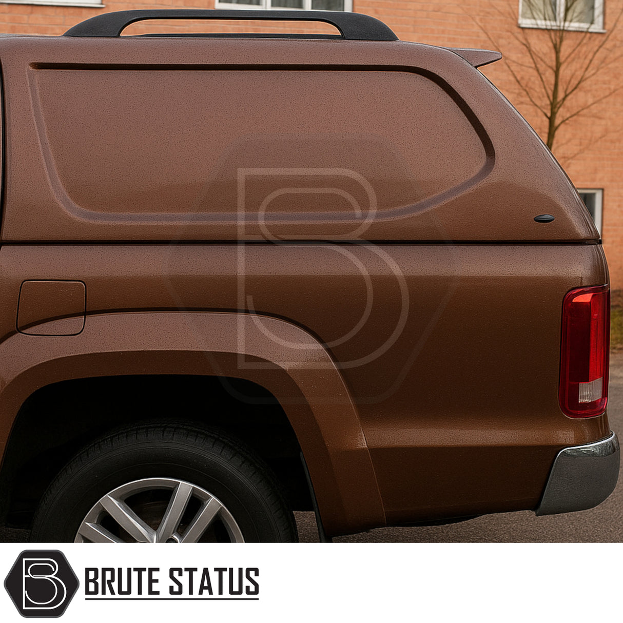 Volkswagen Amarok 2010-2022 Truckman L-Series Hardtop Canopy on metallic brown pickup, featuring Brute Status logo, smooth contoured side, alloy wheel, and secure, windowless design.