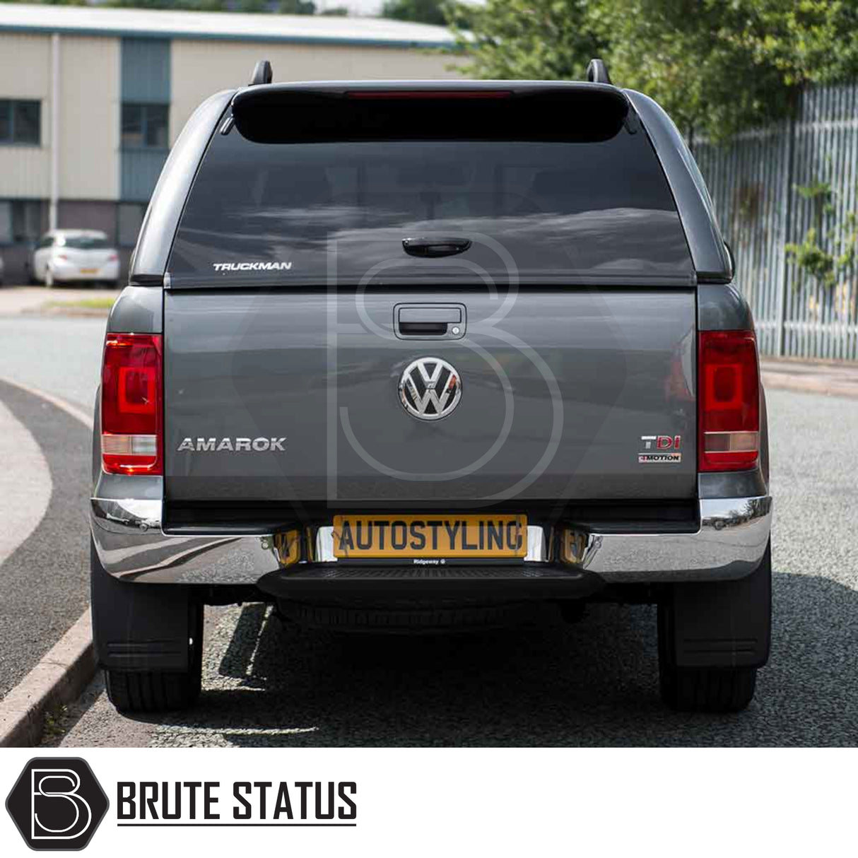 Volkswagen Amarok 2010-2022 with Truckman L-Series Hardtop Canopy, showcasing sleek design and enhanced storage, parked on street with Brute Status watermark.