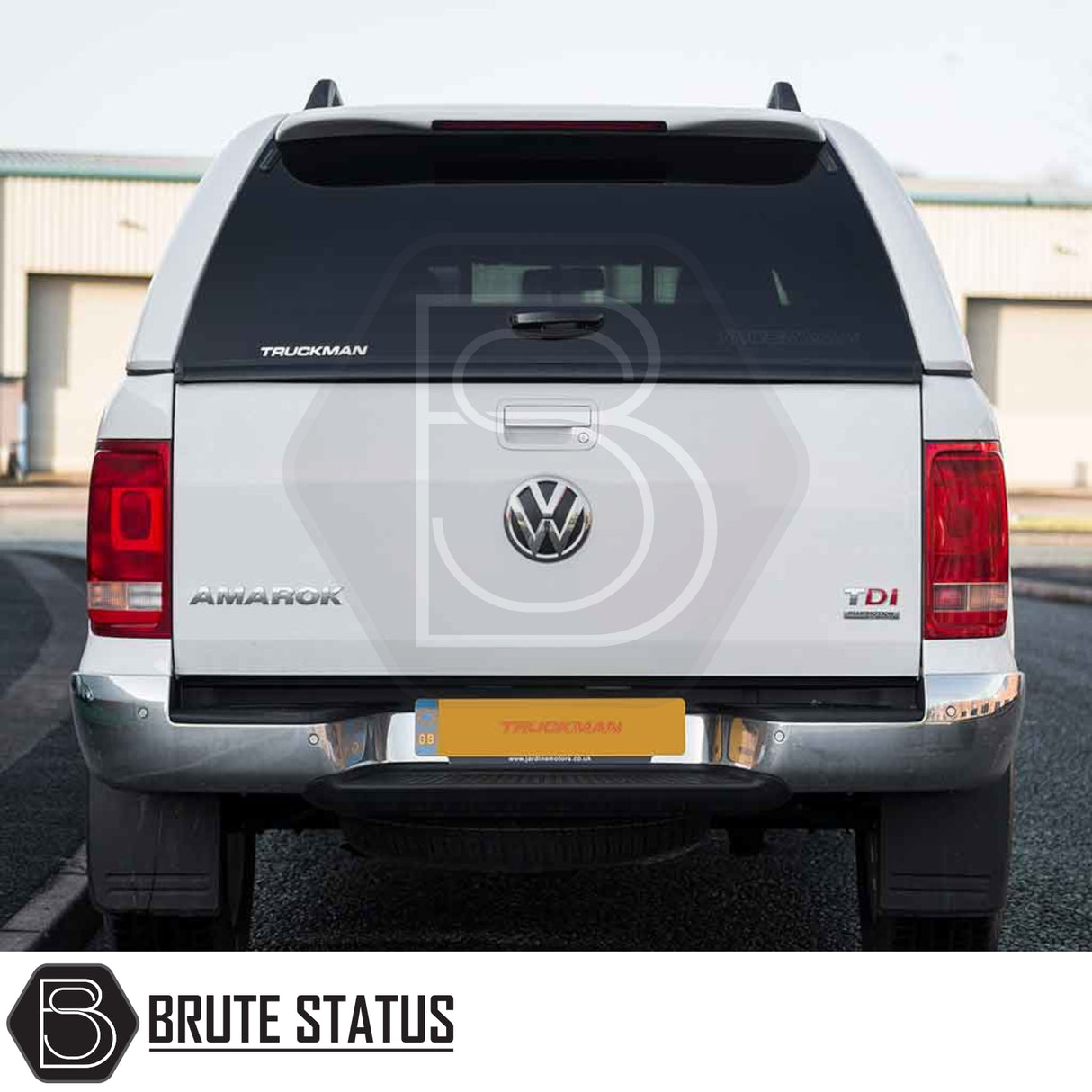 Volkswagen Amarok 2010-2022 Truckman L-Series Hardtop Canopy on pickup, showcasing enhanced storage and security with branded Brute Status appeal.