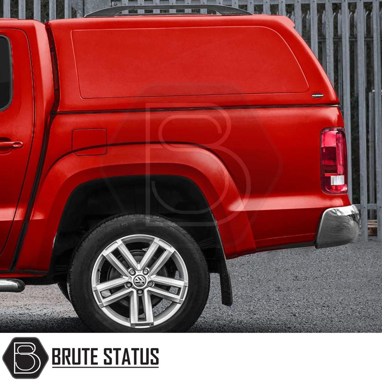 Volkswagen Amarok 2010-2022 Truckman RS Hardtop Canopy with solid rear window, red finish, and Brute Status logo, enhancing security and style for pickups.