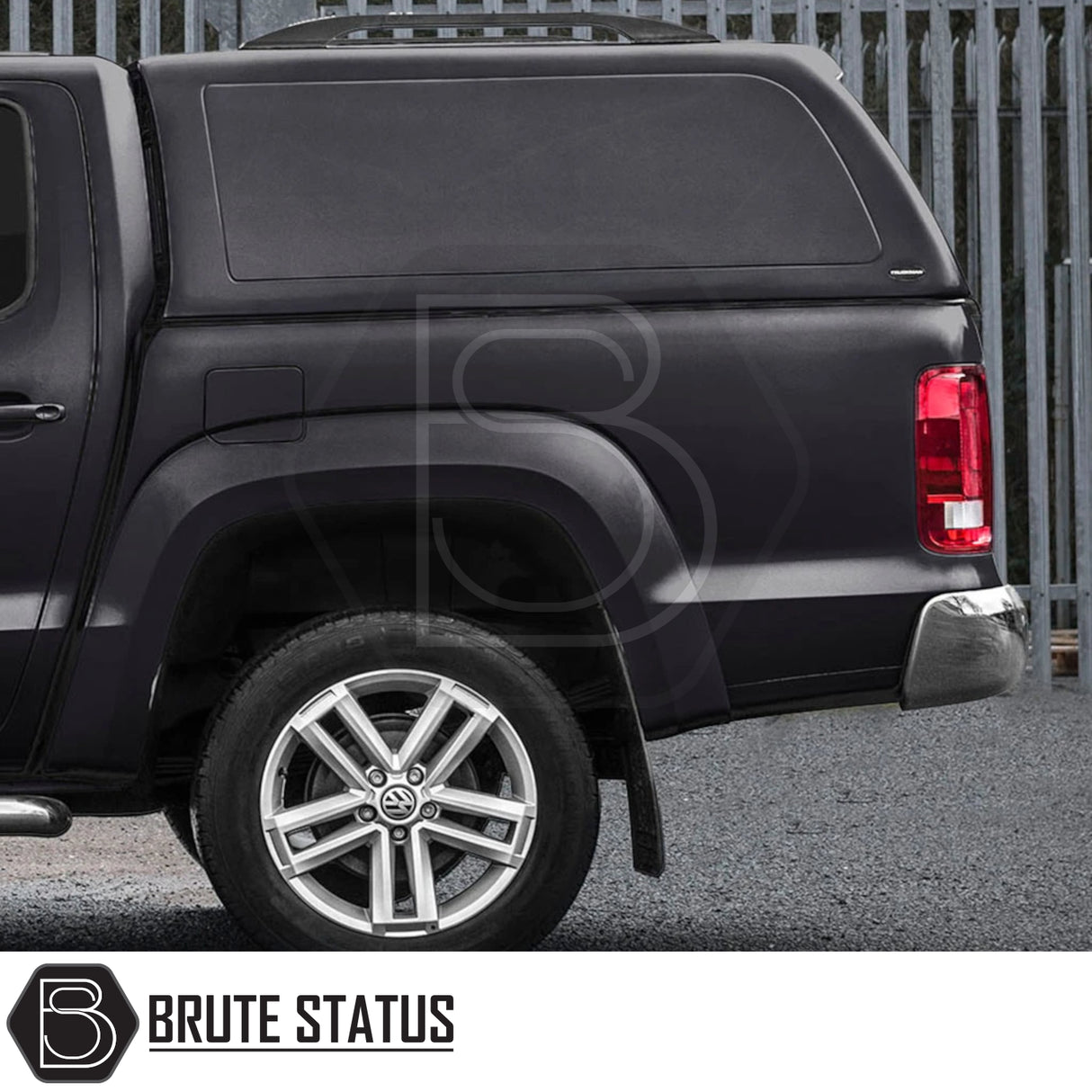 Volkswagen Amarok 2010-2022 Truckman RS Hardtop Canopy with solid rear window and remote locking, showcasing enhanced security and sleek design on a black pickup.