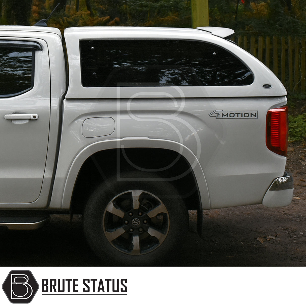 Volkswagen Amarok 2023+ Truckman Grand Hardtop Canopy, featuring tinted pop-out windows and 4MOTION badge, highlights Brute Status's premium canopy fitting.