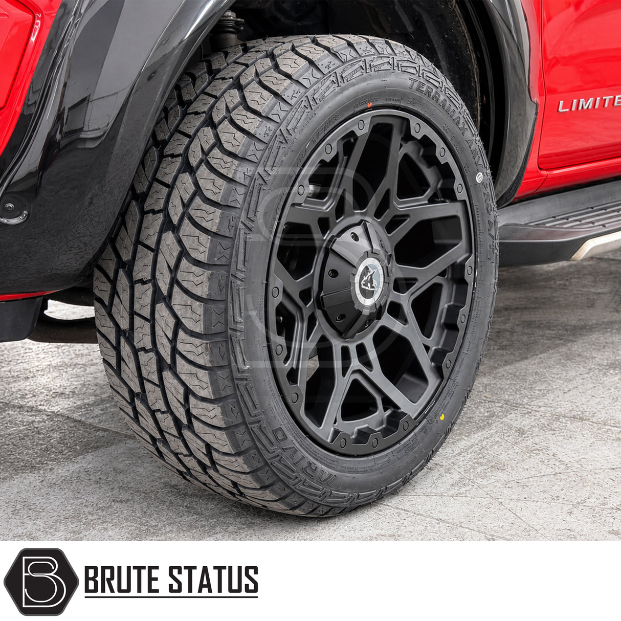Black Wolfrace Sahara alloy wheels fitted to red Ford Ranger Limited pickup truck offroad 4x4 vehicle. Suitable for overlanding set ups.