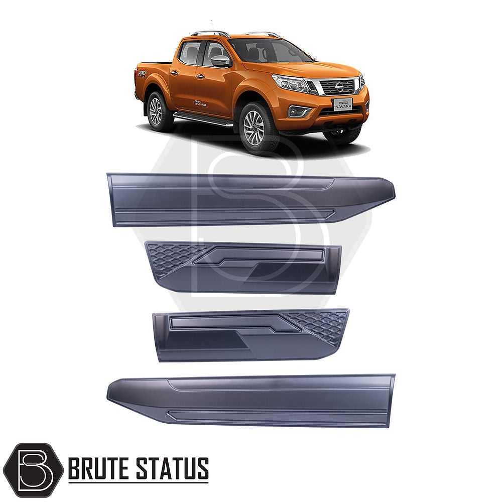 Rugged body cladding kit for Nissan Navara NP300 (2015–2022), includes 4 durable ABS plastic pieces in a flat black finish, offering UV resistance, easy installation with double-sided tape, and strong protection for lower door panels