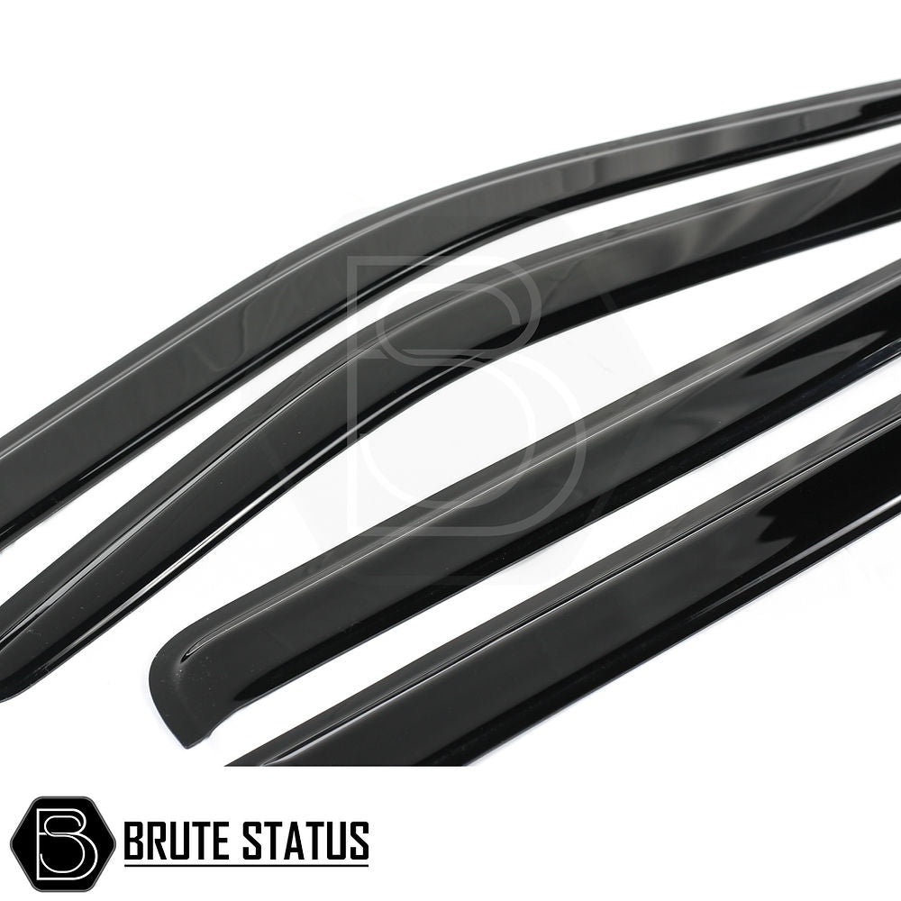Nissan Navara D40 2005-2015 Window Deflector Sun Shade, 4-piece black glossy set with Brute Status branding, enhances style and reduces wind noise.
