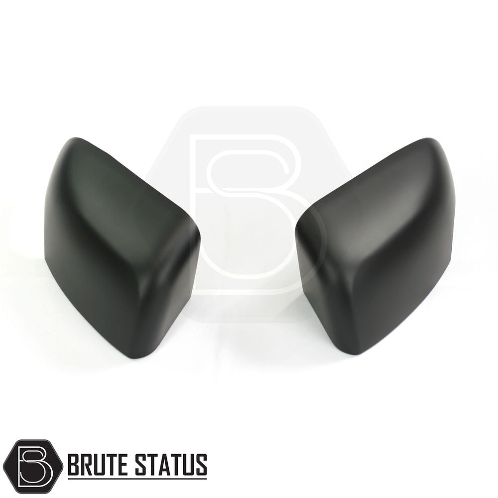 Pair of matte black ABS plastic door mirror covers for 2012–2022 Ford Ranger models with indicator mirrors, featuring pre-applied 3M adhesive for easy, tool-free installation