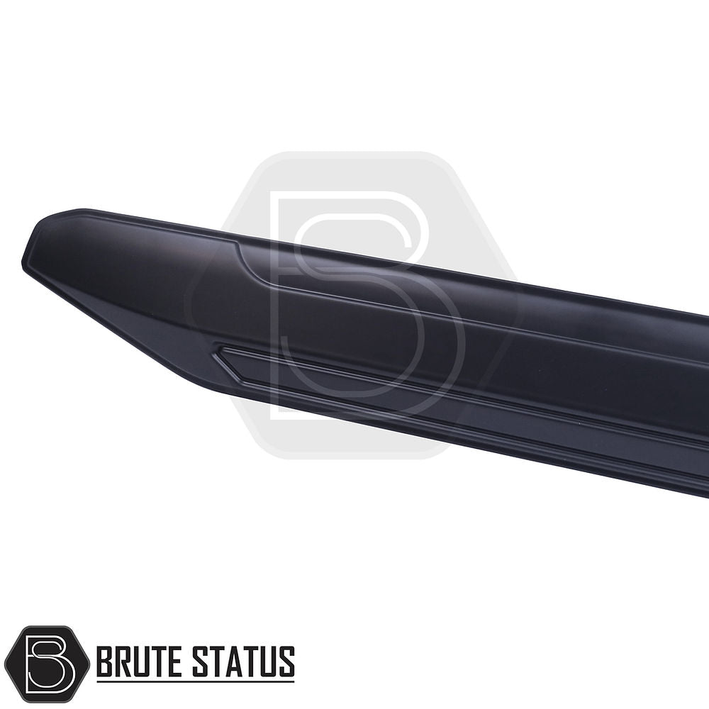 Rugged body cladding kit for Nissan Navara NP300 (2015–2022), includes 4 durable ABS plastic pieces in a flat black finish, offering UV resistance, easy installation with double-sided tape, and strong protection for lower door panels