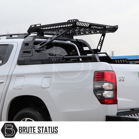 Ford Ranger 2012-2022 S10 Combat Roll Bar with Storage Basket on a white pickup, featuring heavy-duty black steel construction and a flat cargo platform.