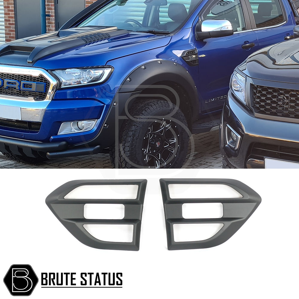 Matte black ABS plastic side covers for facelifted 2015–2022 Ford Ranger, featuring easy no-tool installation with pre-applied 3M adhesive tape