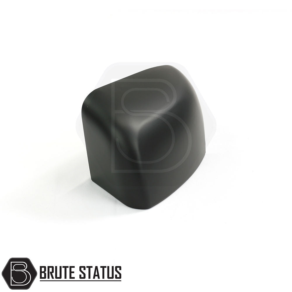 Pair of matte black ABS plastic door mirror covers for 2012–2022 Ford Ranger models with indicator mirrors, featuring pre-applied 3M adhesive for easy, tool-free installation