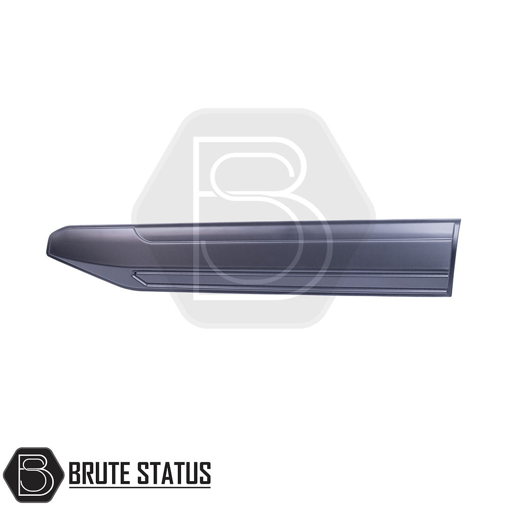 Rugged body cladding kit for Nissan Navara NP300 (2015–2022), includes 4 durable ABS plastic pieces in a flat black finish, offering UV resistance, easy installation with double-sided tape, and strong protection for lower door panels