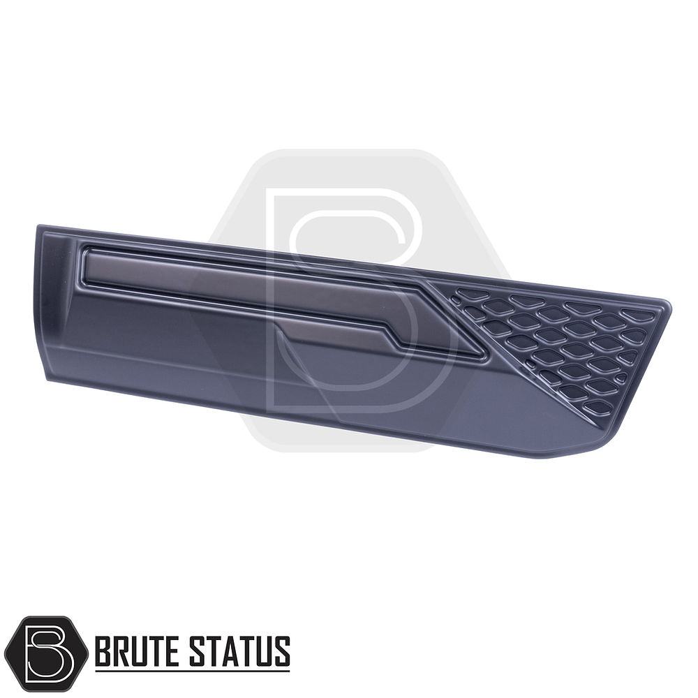 Rugged body cladding kit for Nissan Navara NP300 (2015–2022), includes 4 durable ABS plastic pieces in a flat black finish, offering UV resistance, easy installation with double-sided tape, and strong protection for lower door panels