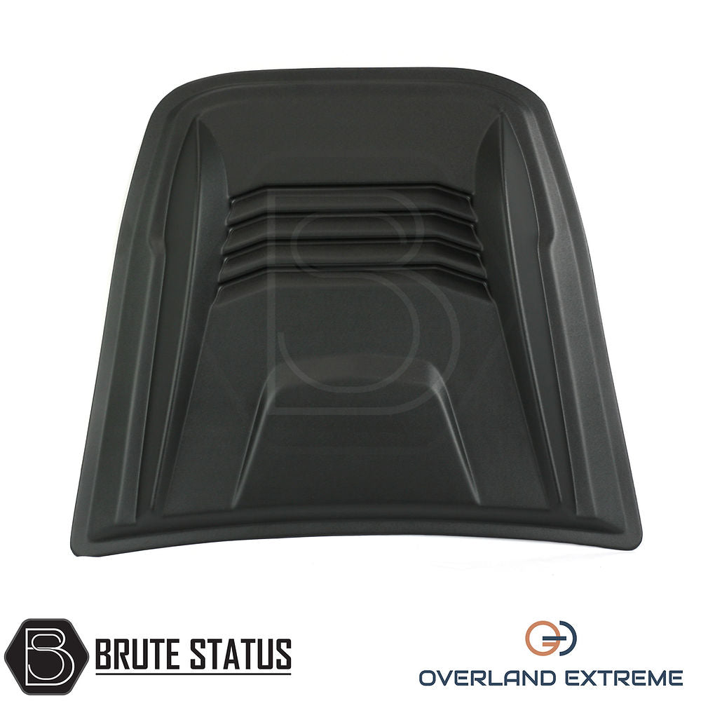 Universal Overland Extreme Bonnet Scoop, durable ABS plastic, textured matt black finish, easy adhesive installation, protects vehicle cargo area, ideal for customization.