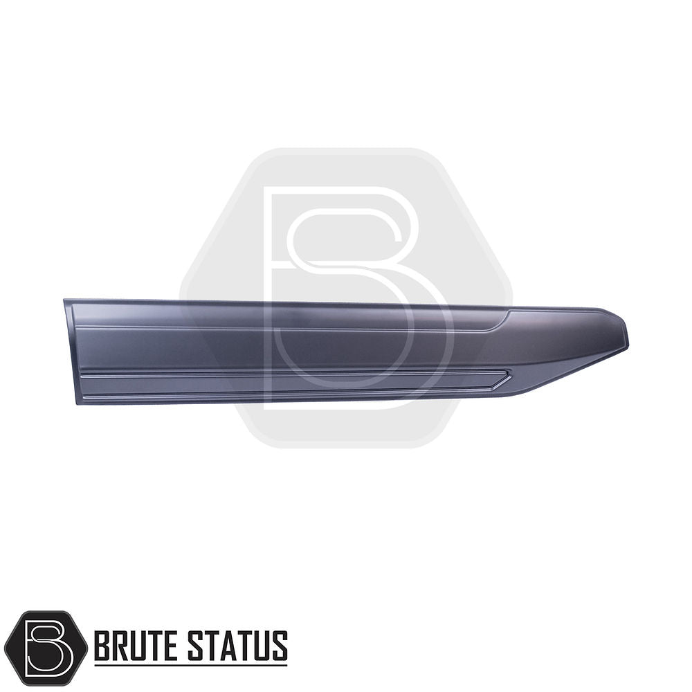 Rugged body cladding kit for Nissan Navara NP300 (2015–2022), includes 4 durable ABS plastic pieces in a flat black finish, offering UV resistance, easy installation with double-sided tape, and strong protection for lower door panels