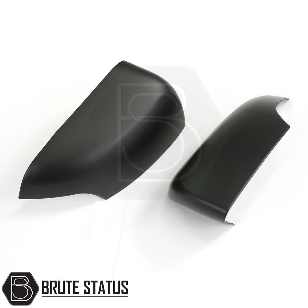 Pair of matte black ABS plastic door mirror covers for 2012–2022 Ford Ranger models with indicator mirrors, featuring pre-applied 3M adhesive for easy, tool-free installation