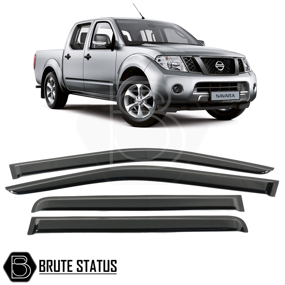 Nissan Navara D40 2005-2015 Window Deflector Sun Shade set, featuring four black acrylic visors, enhancing style and functionality for your pickup truck.