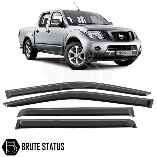 Nissan Navara D40 2005-2015 Window Deflector Sun Shade set, featuring four black acrylic visors, enhancing style and functionality for your pickup truck.