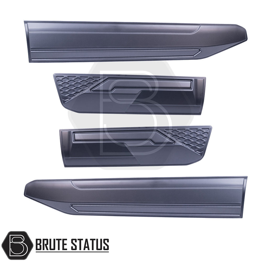 Rugged body cladding kit for Nissan Navara NP300 (2015–2022), includes 4 durable ABS plastic pieces in a flat black finish, offering UV resistance, easy installation with double-sided tape, and strong protection for lower door panels