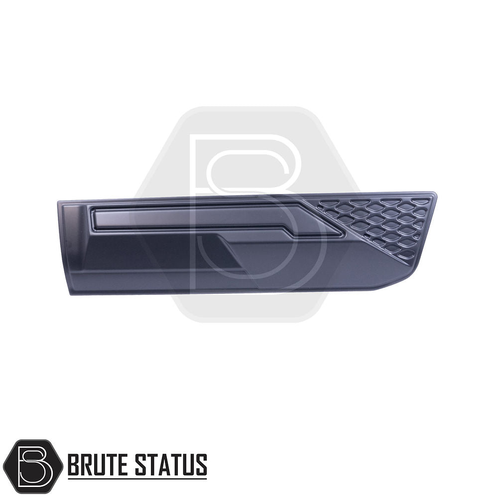 Rugged body cladding kit for Nissan Navara NP300 (2015–2022), includes 4 durable ABS plastic pieces in a flat black finish, offering UV resistance, easy installation with double-sided tape, and strong protection for lower door panels