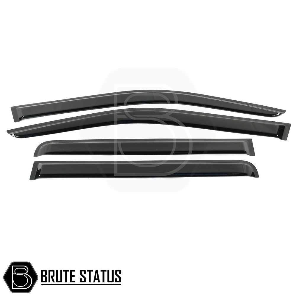 Nissan Navara D40 2005-2015 window deflector set of four, smoked design, enhances airflow and reduces noise; branded with Brute Status watermark.