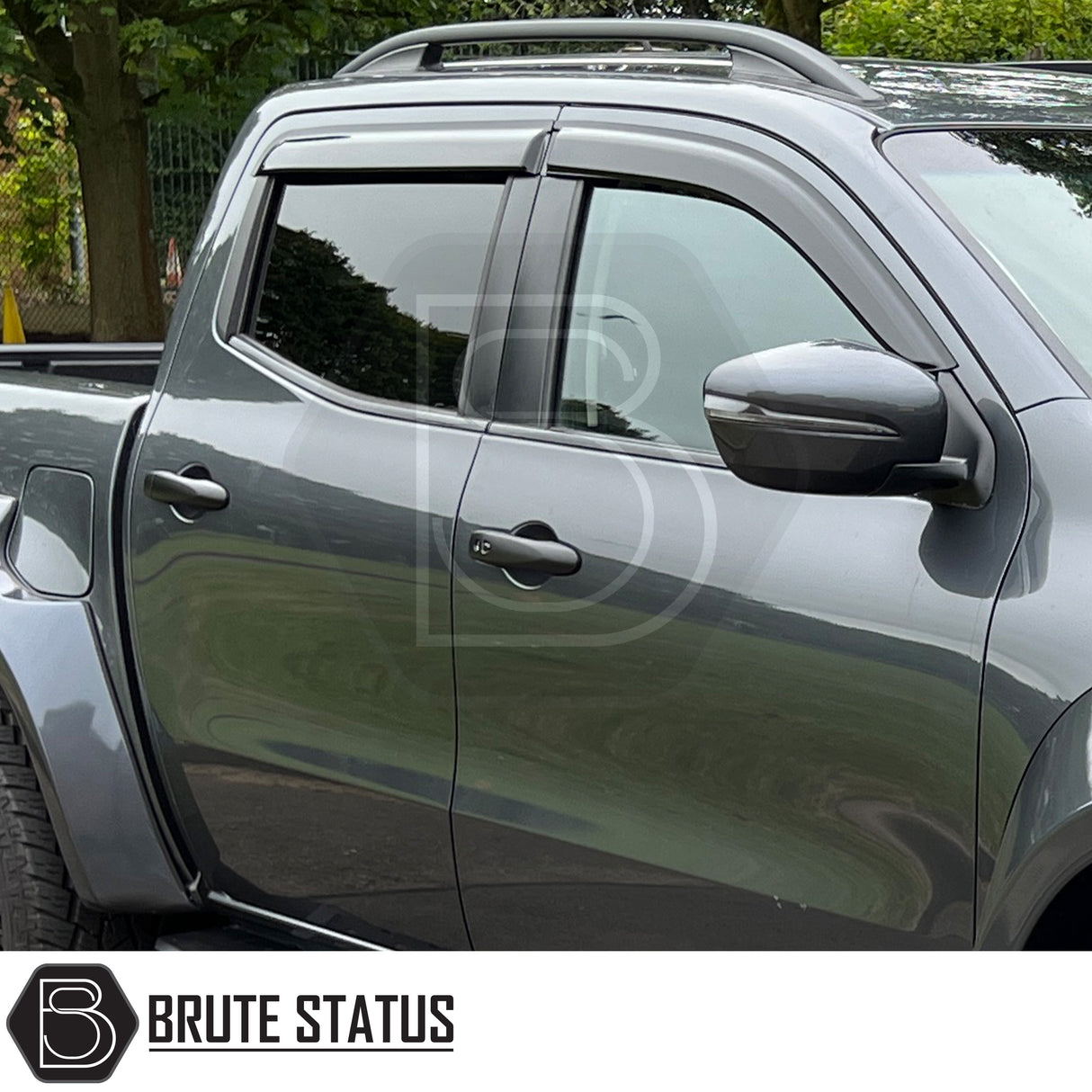 Nissan Navara NP300 2015-2022 Window Deflector Sun Shade, featuring durable acrylic, aerodynamic design, and full-length 3M adhesive for easy installation and rain protection.