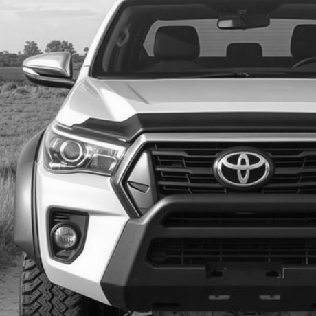 Front view of a white Toyota Hilux mk9 featuring prominent grille and bumper, highlighting automotive design elements suitable for customization and aftermarket enhancements.