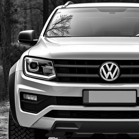 Front view of a customized white VW Amarok, highlighting its bumper, grille, and wheels, reflecting Brute Status's focus on aftermarket vehicle accessories.