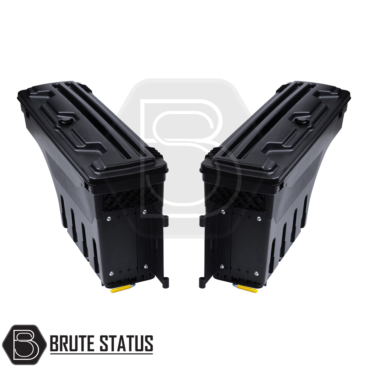 pair of heavy-duty ABS plastic wheel well lock box for ford ranger 2012+, featuring a matte black finish, weather-sealed lid, integrated lock, and swivel-out design for secure, organized truck bed storage.