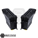 pair of heavy-duty ABS plastic wheel well lock box for ford ranger 2012+, featuring a matte black finish, weather-sealed lid, integrated lock, and swivel-out design for secure, organized truck bed storage.