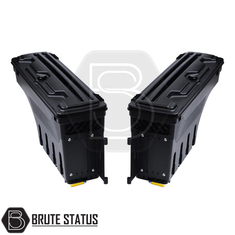 pair of heavy-duty ABS plastic wheel well lock box for ford ranger 2012+, featuring a matte black finish, weather-sealed lid, integrated lock, and swivel-out design for secure, organized truck bed storage.
