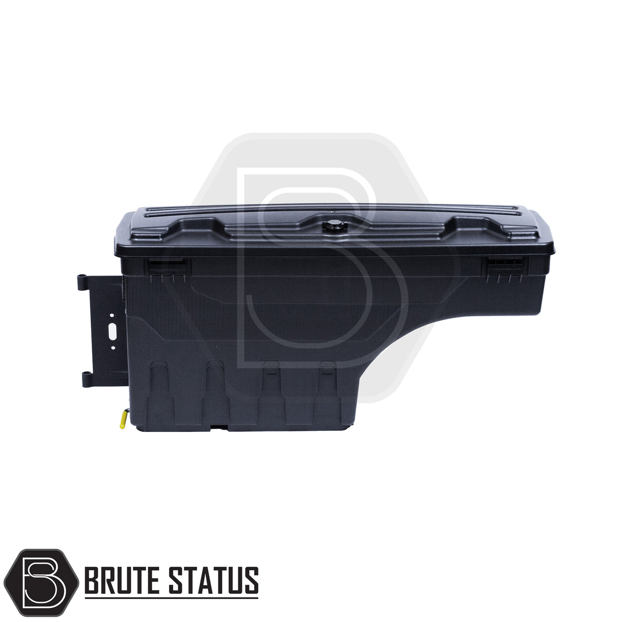 Passenger side heavy-duty ABS plastic wheel well lock box for fiat fullback, featuring a matte black finish, weather-sealed lid, integrated lock, and swivel-out design for secure, organized truck bed storage.