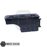 pair of heavy-duty ABS plastic wheel well lock box for ford ranger 2012+, featuring a matte black finish, weather-sealed lid, integrated lock, and swivel-out design for secure, organized truck bed storage.