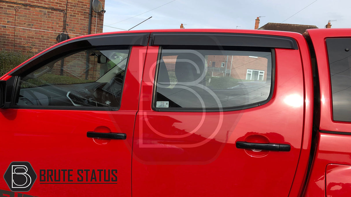 Isuzu D-Max 2012-2021 Window Deflector Sun Shade, shown installed on a red car's window, highlighting its aerodynamic design and durable, scratch-resistant acrylic material.