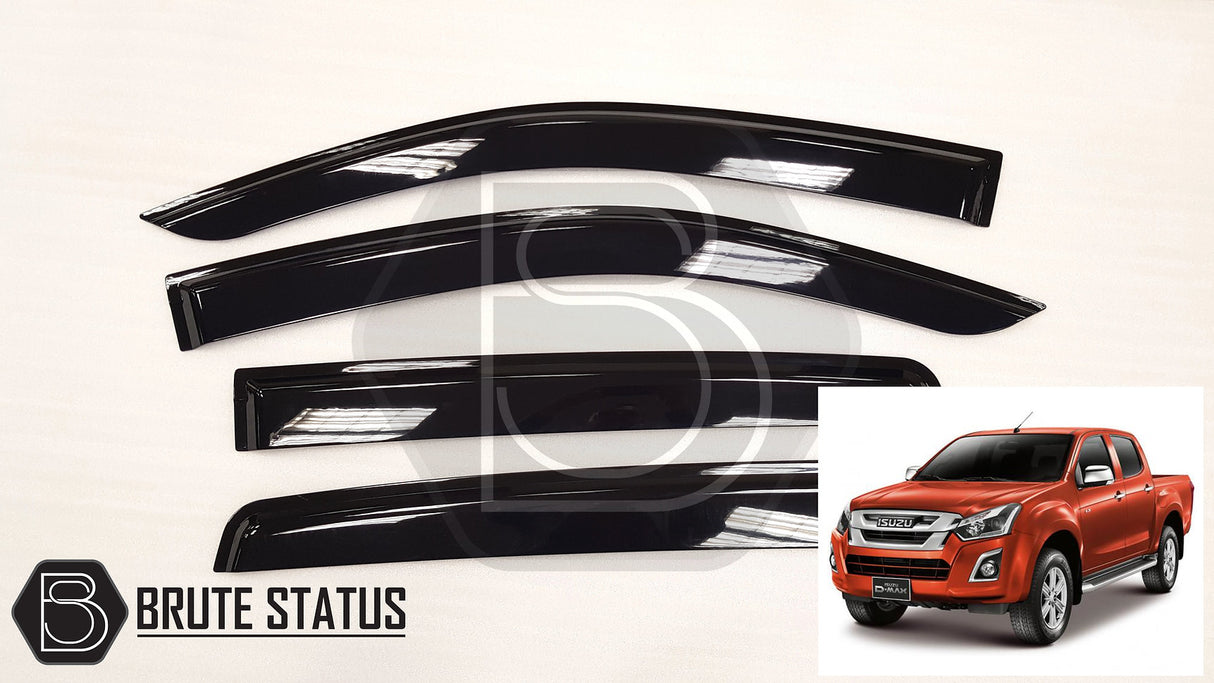 Isuzu D-Max 2012-2021 Window Deflector Sun Shade, a premium black acrylic accessory for improved aerodynamics and rain protection, visible on a vehicle close-up.