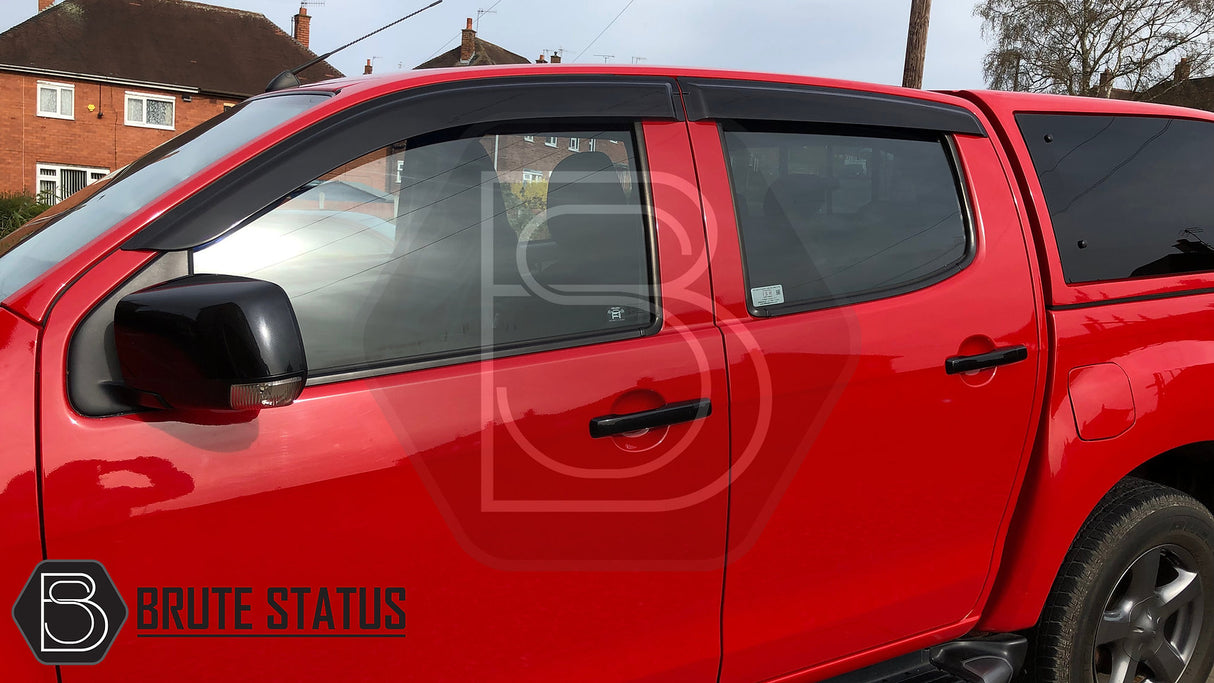 Isuzu D-Max 2012-2021 Window Deflector Sun Shade installed on a red car, showcasing its aerodynamic design and seamless fit.
