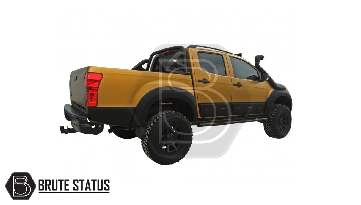 Isuzu D-Max 2012-2015 Wide Arch Kit on a yellow truck, showcasing black fender flares and durable ABS material for enhanced vehicle aesthetics and protection.