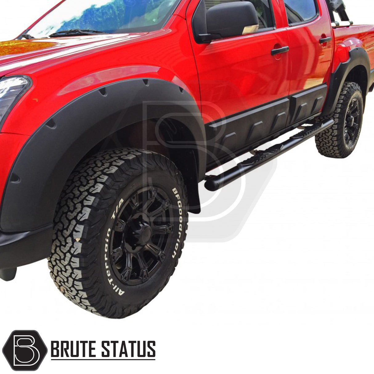 Wide arch kit fitted on Isuzu D-Max Double Cab (2012–2015 pre-facelift), featuring aggressive fender flares in matte black ABS plastic for off-road styling and enhanced stance.